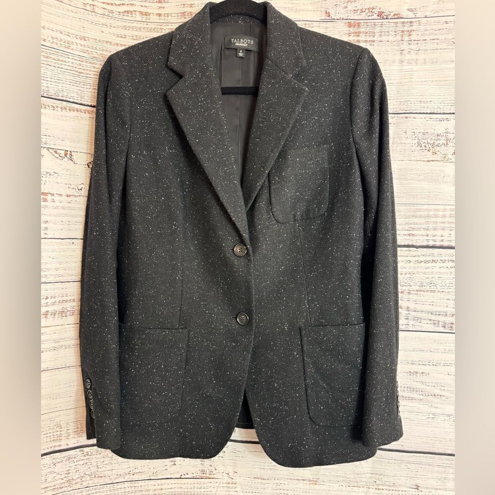 Talbots Blazer Womens Sz 6 Wool silk Blend Black Speckled Donegal‎ jacket Preppy - Picture 2 of 11